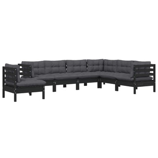 7-tlg. Garten-Lounge-Set mit Kissen Schwarz Kiefer Massivholz