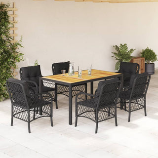 7-tlg. Garten-Essgruppe mit Kissen Schwarz Poly Rattan