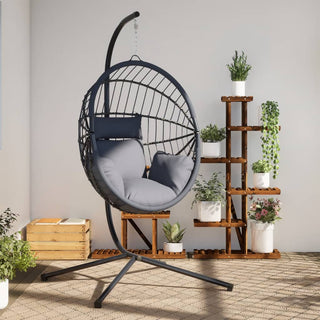 Hängesessel Ei-Design mit Ständer Hellgrau Rattan und Stahl