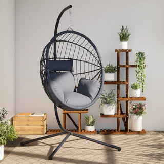 Hängesessel Ei-Design mit Ständer Grau Rattan und Stahl